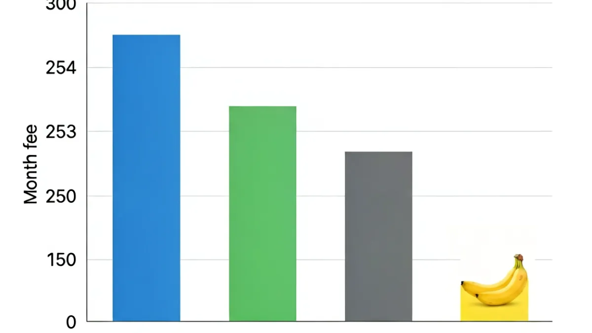 价格对比示意图，多款AI产品月订阅费用排列成柱状图，香蕉ai标注最低一栏