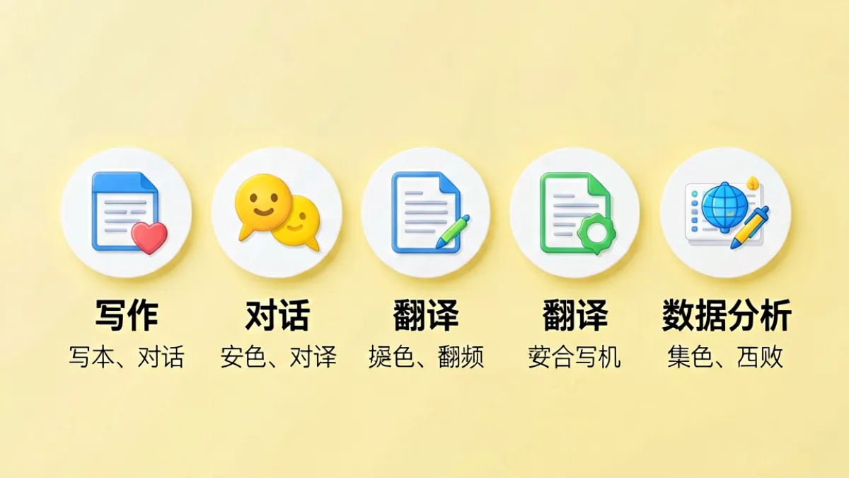 香蕉ai五大功能模块示意图，包括智能写作、多轮对话、文档处理、翻译改写和数据辅助的图标与说明