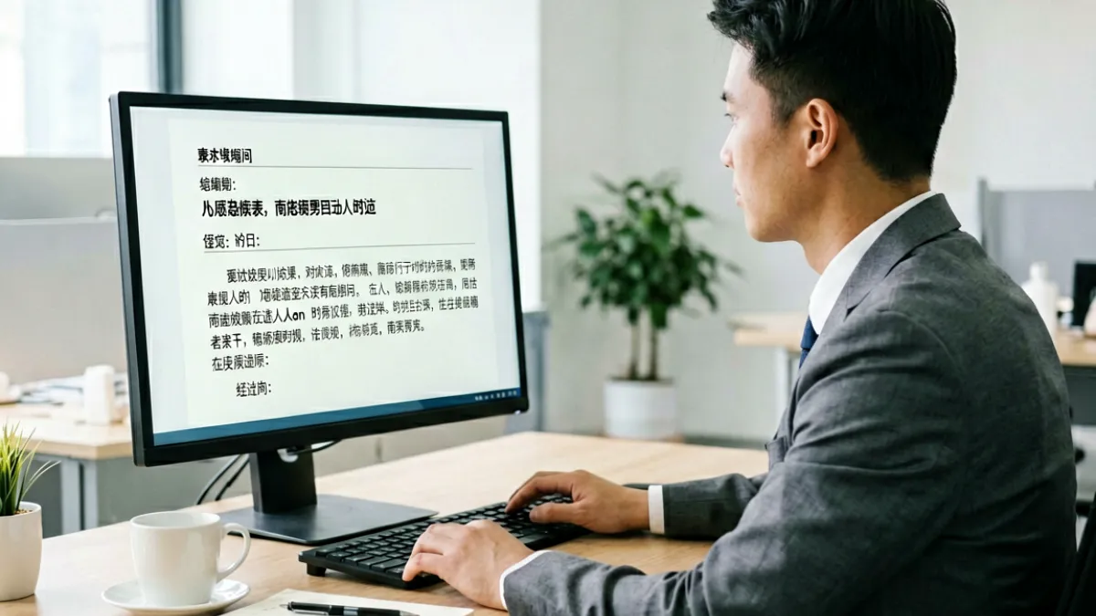 一名职场人在电脑前使用香蕉ai生成工作汇报邮件，屏幕上显示结构清晰的中文邮件草稿