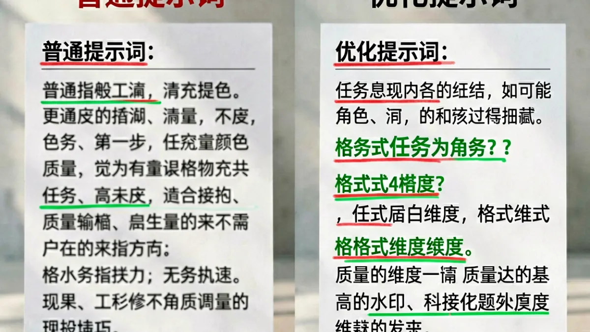 对比两种提示词写法：左侧是模糊简短的指令，右侧是结构清晰的五维度提示词，以及两者对应的AI输出质量差异
