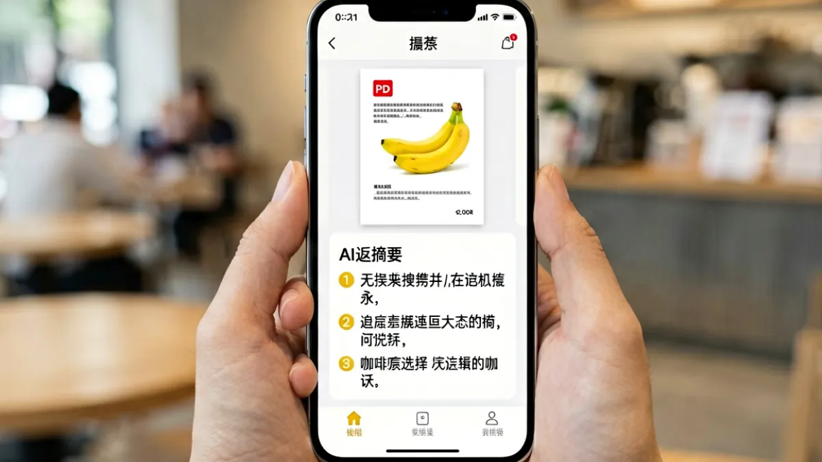 用户在手机上使用香蕉ai处理长篇文档，界面显示分段摘要与问答交互的完整流程